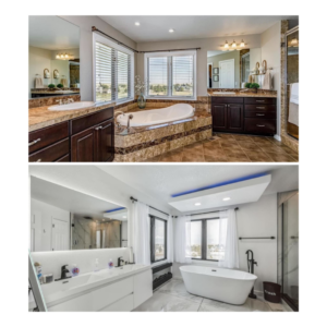Before and after of a modern bathroom remodel by Infinite Transformations LLC, a handyman service in Denver, CO.