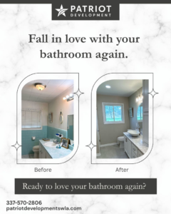 Before and after photos of a bathroom remodel completed by Patriot Development in Denton, TX.