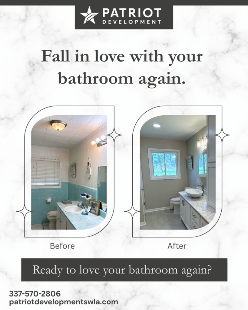 Before and after photos of a bathroom remodel completed by Patriot Development in Denton, TX.