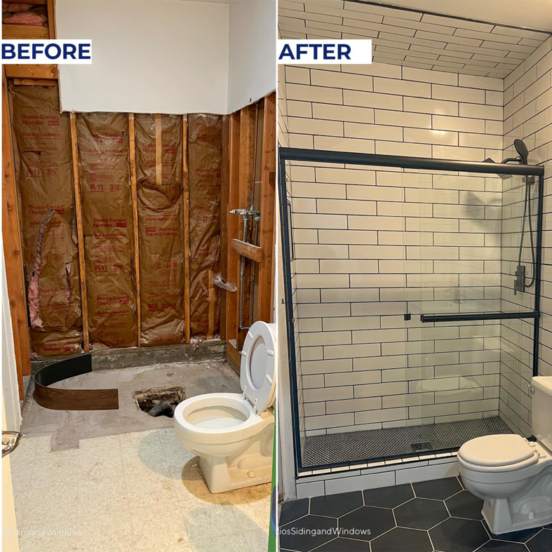 Before and after comparison of a complete bathroom remodel by Rios Siding & Windows in Blue Springs, MO