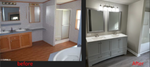 Before and after comparison of a complete bathroom remodel by Whitney Construction in Rockville, VA.