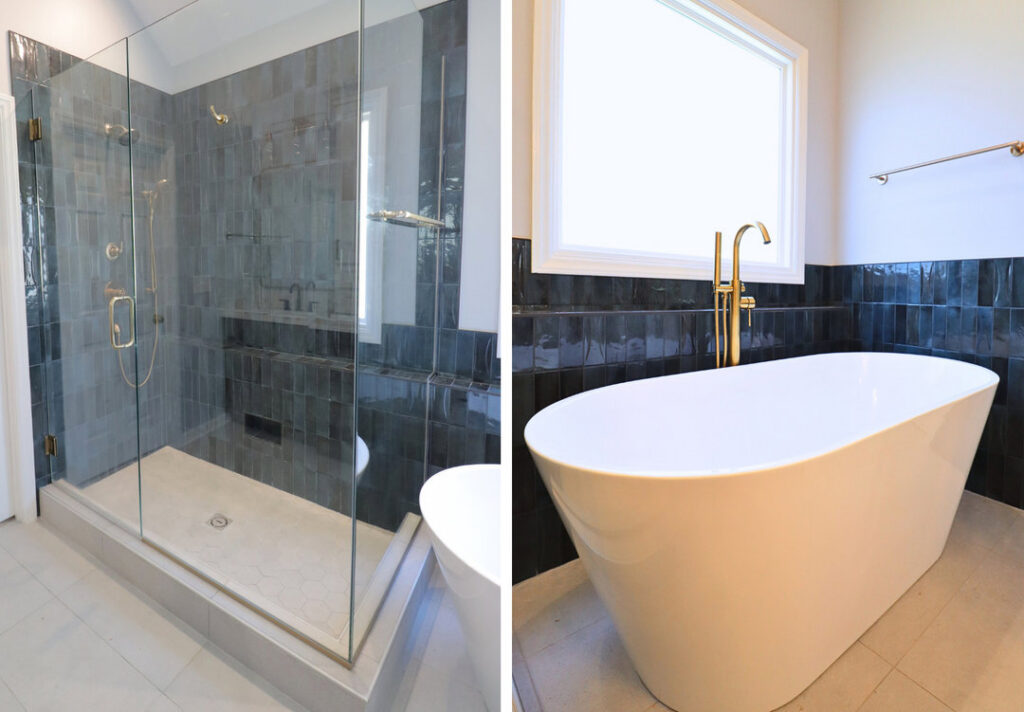 A bathroom remodel featuring a walk-in shower with dark blue subway tiles and a freestanding tub with gold fixtures by The Bath Shop in Raleigh, NC.