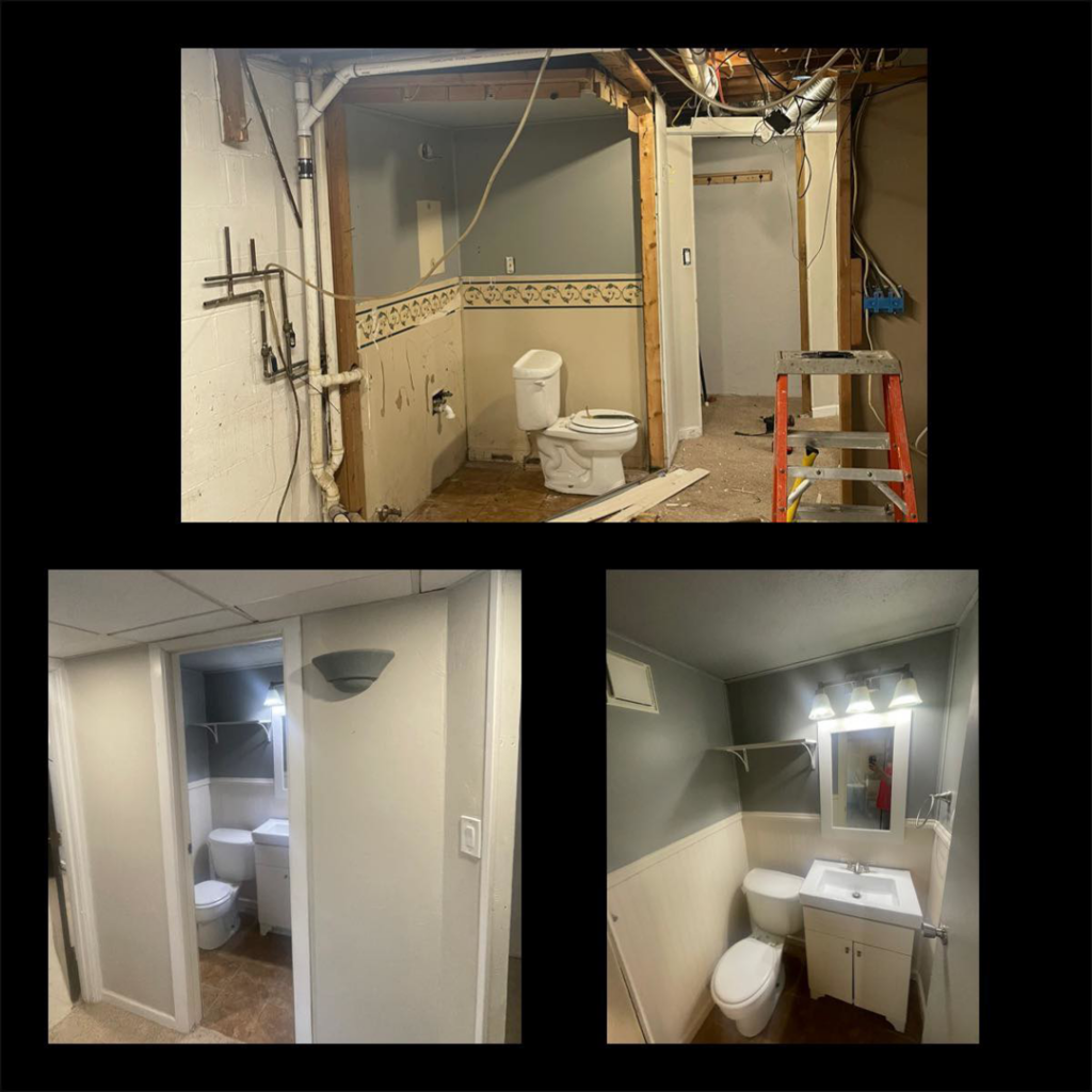 A bathroom remodel showing the demolition phase and the beautifully finished space by Legacy Full Service Contracting LLC in Brackenridge, PA.