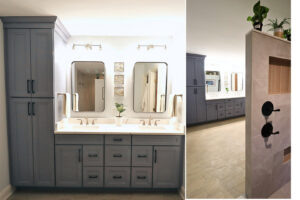 A bathroom remodel showcasing a double vanity with tall storage and a modern shower with black fixtures and a built-in niche by The Bath Shop in Raleigh, NC.
