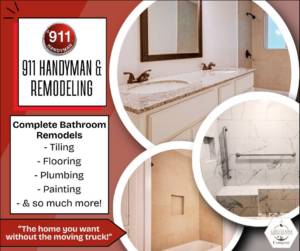 A collage showcasing complete bathroom remodels, including tiling and plumbing, by 911 Handyman & Remodeling in West Monroe, LA.