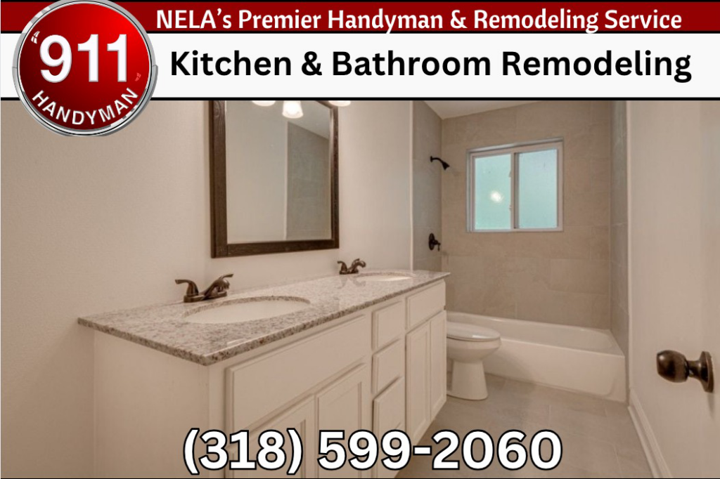 A newly remodeled bathroom featuring a double vanity and shower at 911 Handyman & Remodeling in West Monroe, LA.
