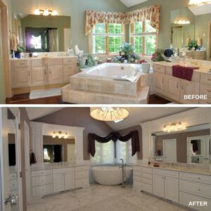 Before and after photos of a complete bathroom renovation by Affordable Granite of KC in Kansas City, MO.