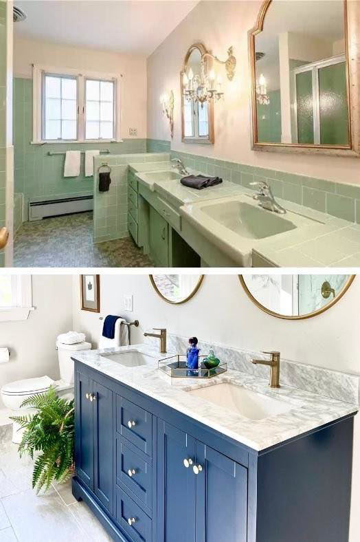 A before and after view of a bathroom renovation completed by Affordable Home Solutions in Springfield, PA.