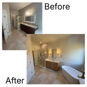 A before and after comparison of a bathroom renovation completed by Berco Construction LLC in Godfrey, IL