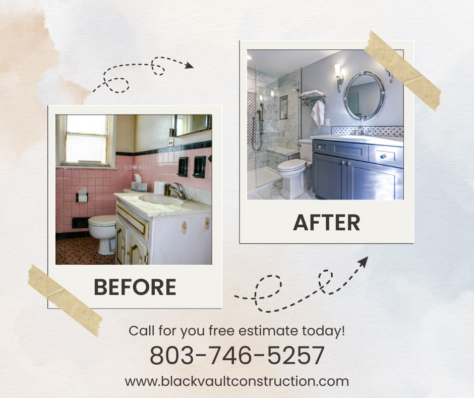 Before and after photos of a complete bathroom renovation by Black Vault Construction Group LLC in Rock Hill, SC