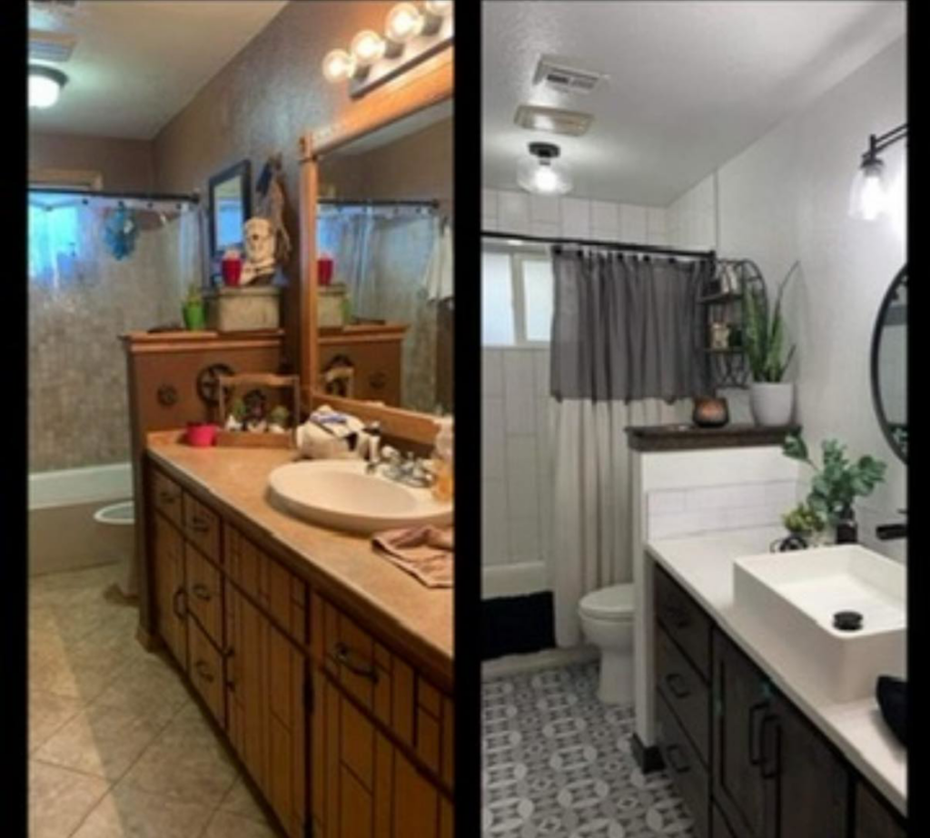 Before and after view of a complete bathroom renovation project by Burrell Tile INC in Cottage Grove, OR.