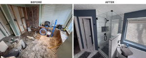 Before and after photos of a complete bathroom renovation by Cannon & Associates in Montgomery, AL, showing demolition and the finished modern space.