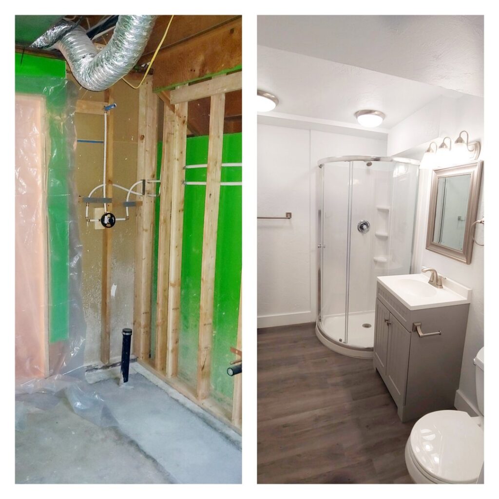 Before and after photos of a complete bathroom renovation, from exposed studs to a finished space, by Devco Construction LLC in West Valley City, UT.