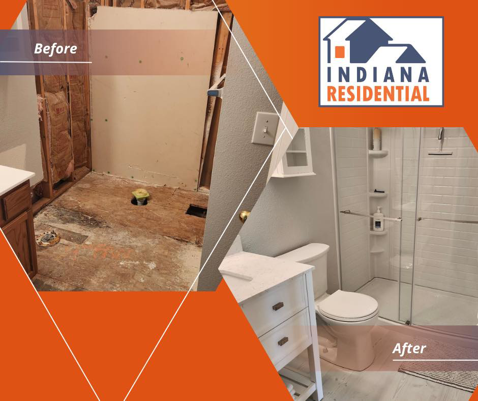 A before and after comparison of a bathroom renovation project completed by Indiana Residential in Indianapolis, IN.