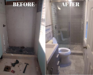 Before and after photos of a complete bathroom renovation by KWD Contractors in Bladensburg, MD, showing new tiling and fixtures.