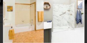 Before and after comparison of a bathroom renovation, showcasing work by Men Construction in Lowell, MA.