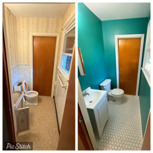 Before and after view of a complete bathroom renovation by Mr. GreenJeans in Indianapolis, IN.