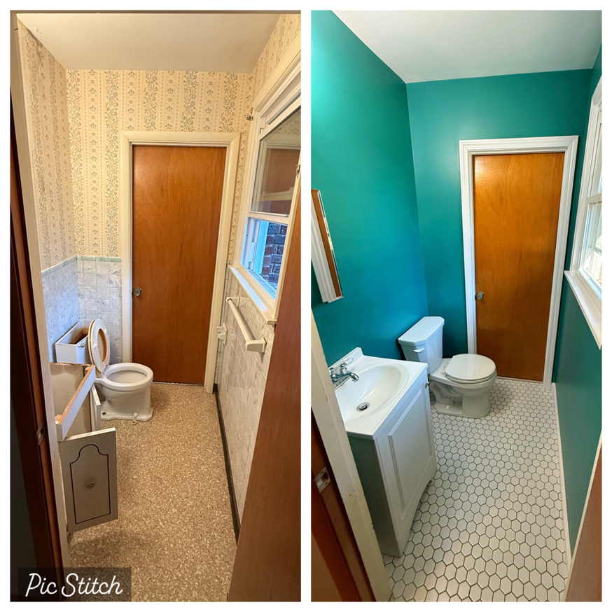 Before and after view of a complete bathroom renovation by Mr. GreenJeans in Indianapolis, IN.