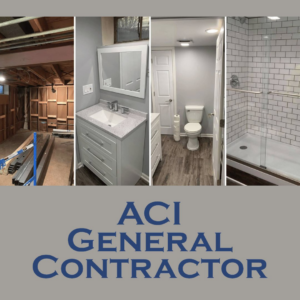 A collage showing the before and after stages of a bathroom renovation by ACI - General Contractor in Montgomery, IL.