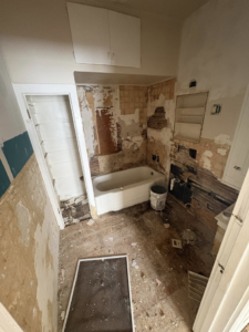 A bathroom undergoing renovation and demolition by John Oliver Rose & Co. in South Bend, IN