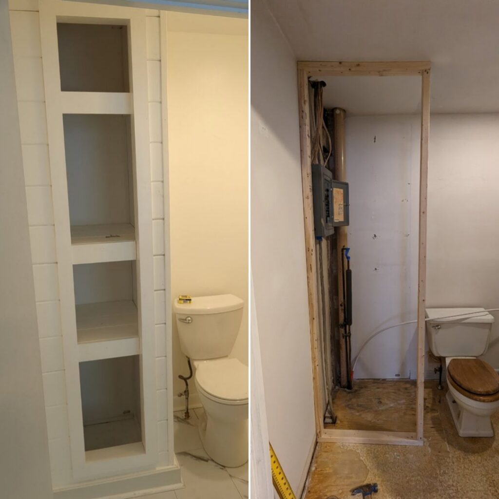 Bathroom shelving unit and electrical panel framing work by MB&E Home Improvement in Augusta, ME.