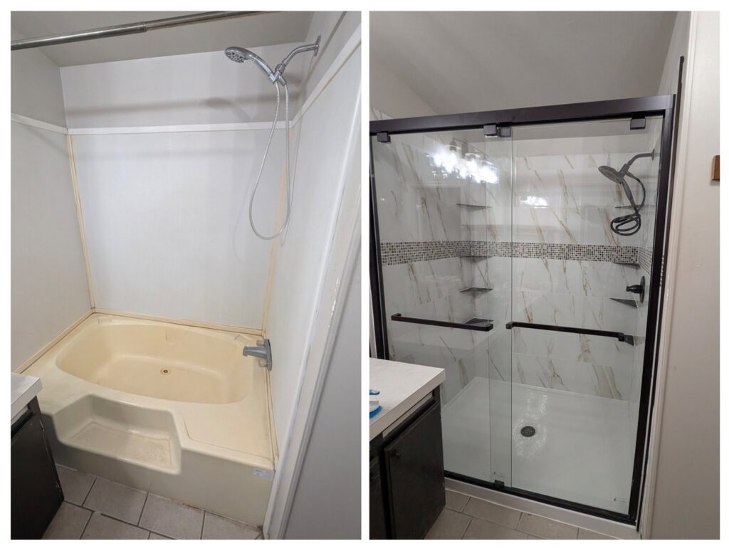 Before and after of a bathroom shower conversion from a tub to a modern walk-in shower by Precision Home Solutions in Santa Fe, TN