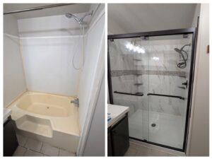 Before and after of a bathroom shower conversion from a tub to a modern walk-in shower by Precision Home Solutions in Santa Fe, TN