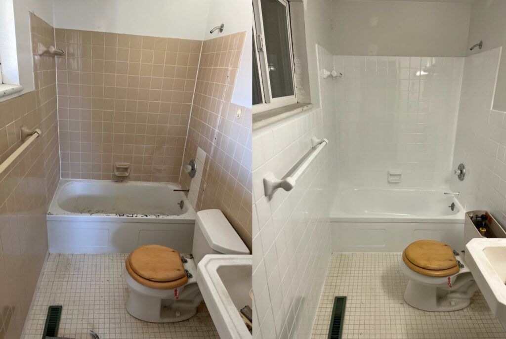 Before and after of a bathroom tile and bathtub refinishing by Bath Refinishing Solutions Dayton in Dayton, OH