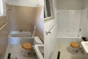 Before and after of a bathroom tile and bathtub refinishing by Bath Refinishing Solutions Dayton in Dayton, OH