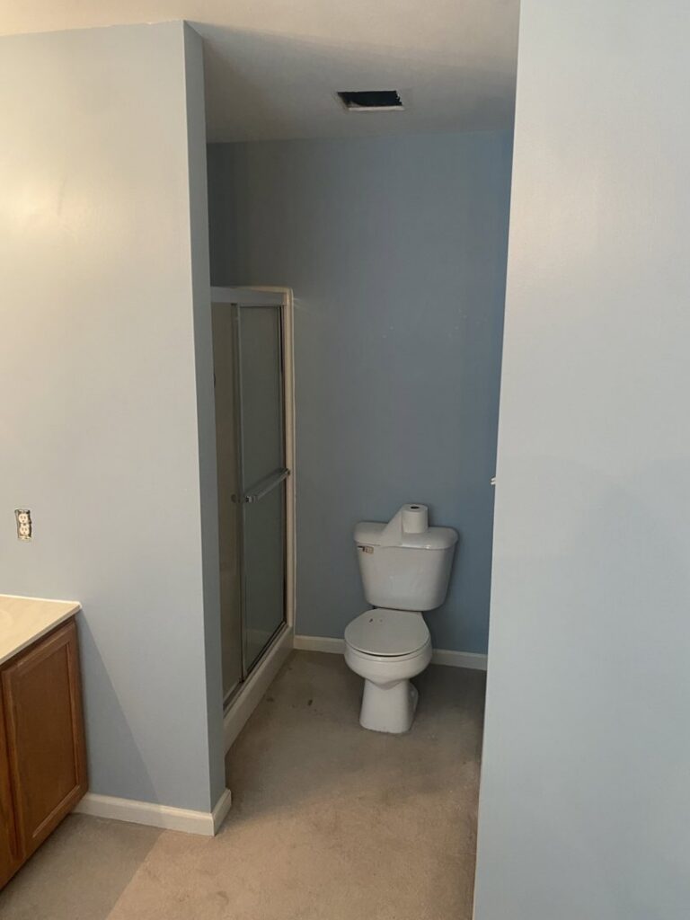 A renovated bathroom with a new toilet and shower stall, expertly installed by Newhouse Construction St Louis in St. Louis, MO.