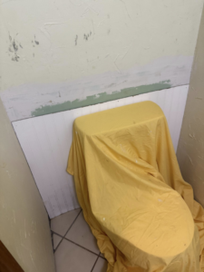 Bathroom toilet covered with a drop cloth during painting prep or wainscoting installation by Duane Moss Painting in Oklahoma City, OK.