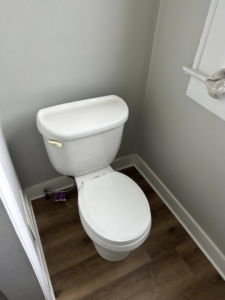 A clean toilet in a bathroom with newly installed wood-look flooring by CJ Flooring LLC in Flat Rock, MI.