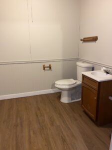 A renovated bathroom with new wood-look flooring, a modern vanity, and a toilet by RT Property Services in Allendale, MI
