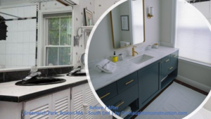 A before and after comparison of a bathroom vanity installation by Connaughton Construction in Waltham, MA