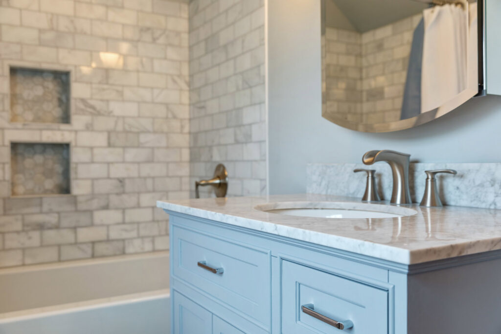 A newly installed bathroom vanity with a light blue cabinet and marble countertop by Integrated Contracting and Renovations in Pittsburgh, PA.