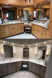 Bathroom vanity renovation with new grey cabinets and white countertops by Arizona Cabinet & Countertop Company in Tucson, AZ.