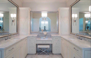 Expert installation of a double bathroom vanity, sinks, and mirrors by Bernhard Normand Construction in Baton Rouge, LA.