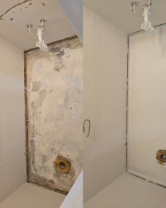Before and after view of a bathroom wall repair, showing a damaged wall transformed into a smooth, painted surface by Kirkland Residential & Property Solutions in Clarksville, TN