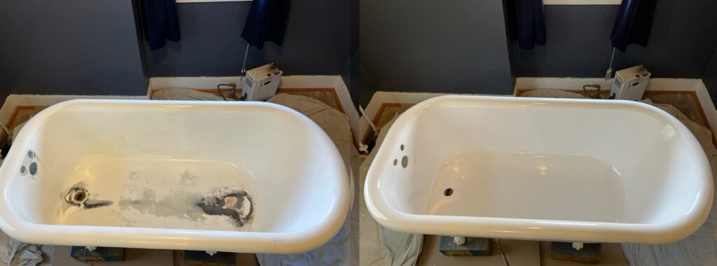 Before and after of a bathtub refinishing by Bath Refinishing Solutions Dayton in Dayton, OH