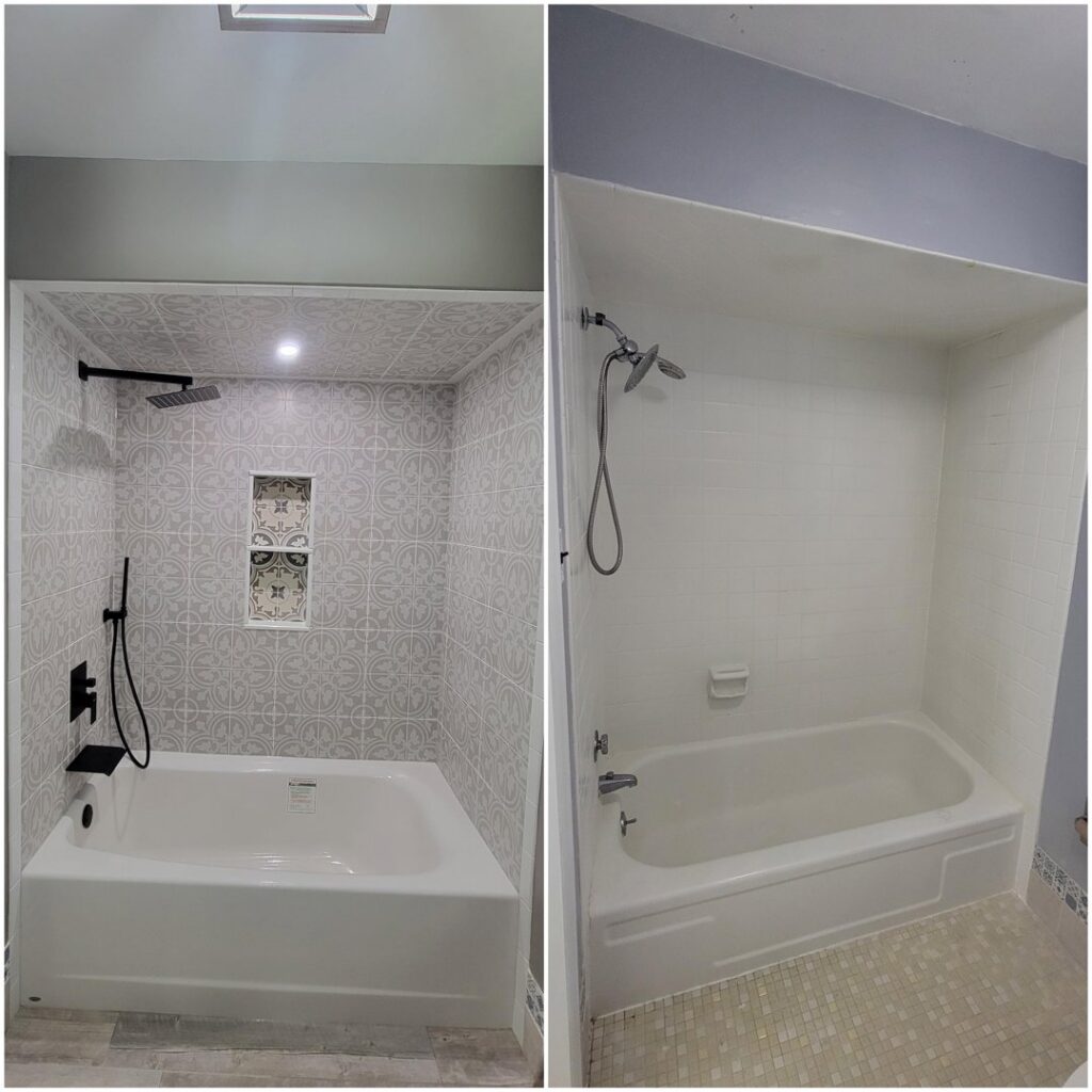 Before and after comparison of a bathtub and shower area remodel, showcasing the transformation by Blas Home Remodeling LLC in New Castle, DE.