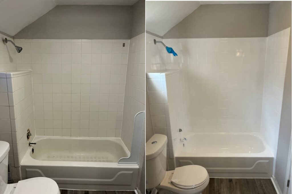 Before and after of a bathtub and tiled walls refinishing by Bath Refinishing Solutions Dayton in Dayton, OH