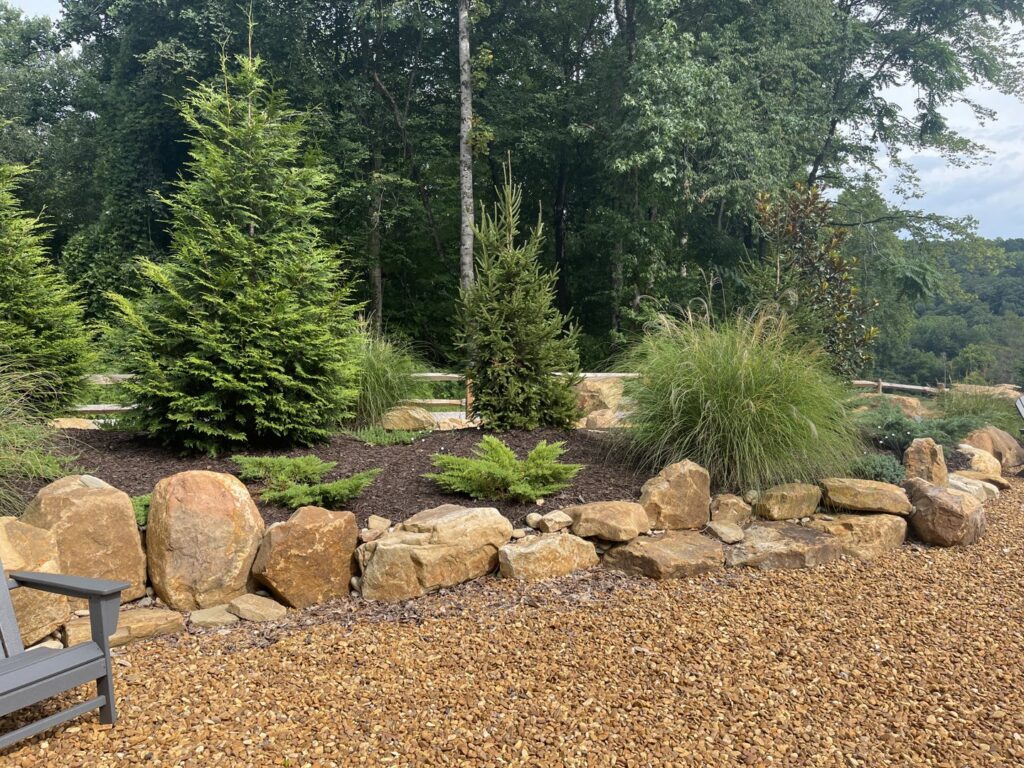 A beautifully landscaped area featuring rocks, trees, and shrubs by Rainscapes in Louisville, TN.