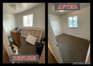 Before and after photos showing a cluttered bedroom cleaned out by Pack N Haul in West Valley City, UT.