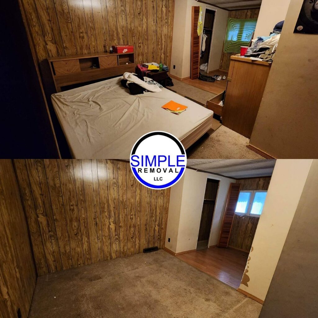 Before and after a bedroom cleanout service by Simple Removal LLC in Follansbee, WV.