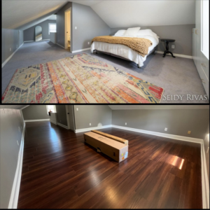 Before and after of a bedroom flooring installation by Anderson Barlow Contractors LLC in Grand Rapids, MI.