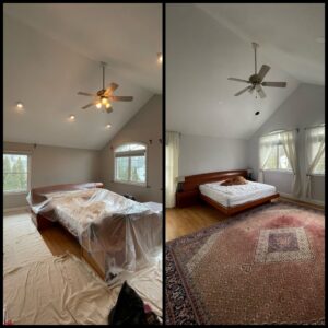 Before and after comparison of a bedroom renovation, showing painting and updates by PTA Construction INC. in Jersey City, NJ.