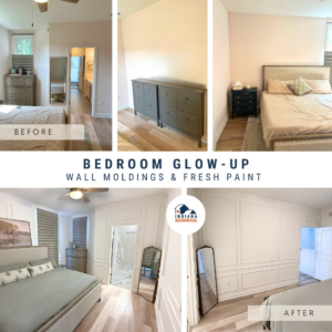 A before and after comparison of a bedroom with new wall moldings and fresh paint by Indiana Residential in Indianapolis, IN.