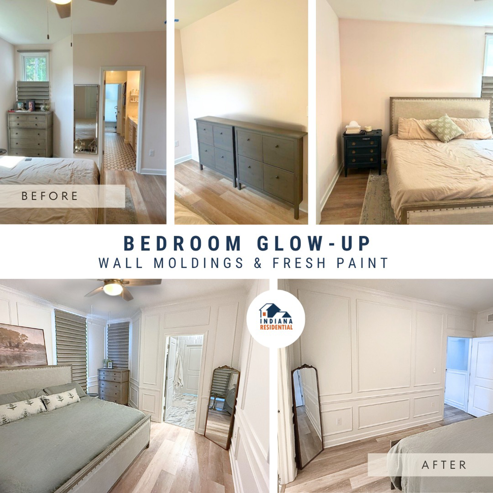 A before and after comparison of a bedroom with new wall moldings and fresh paint by Indiana Residential in Indianapolis, IN.