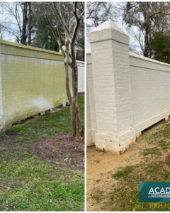 Before and after cleaning of an algae-covered brick wall by Acadiana Softwash Solutions, LLC in Baton Rouge, LA