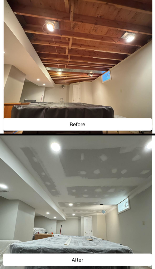 Before and after of a basement ceiling renovation by Fine Lines Painting & Restoration llc in Buffalo, NY.